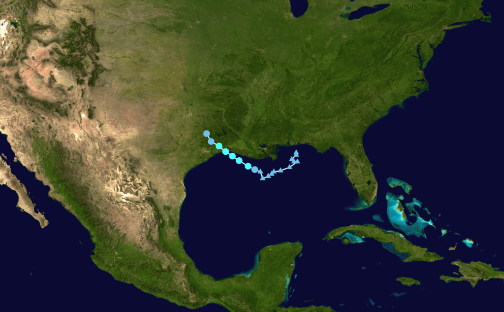 Track map of Tropical Storm Edouard 2026 across the Gulf of Mexico and Texas