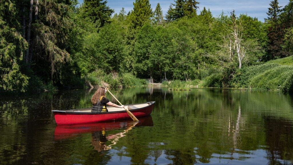 Red canoe on a calm lake surrounded by forest