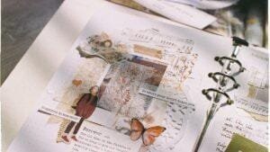 An open scrapbook page with pasted clippings and photos