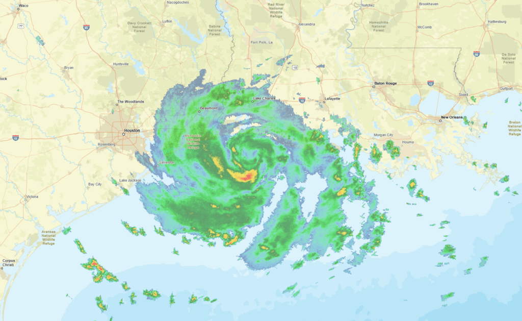 Lake Charles radar showing Tropical Storm Edouard rain bands over the upper Gulf Coast on September 1, 2026