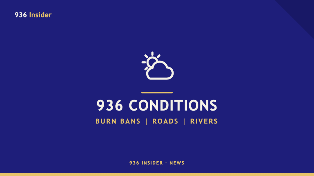 936 Conditions banner: burn bans, roads, rivers