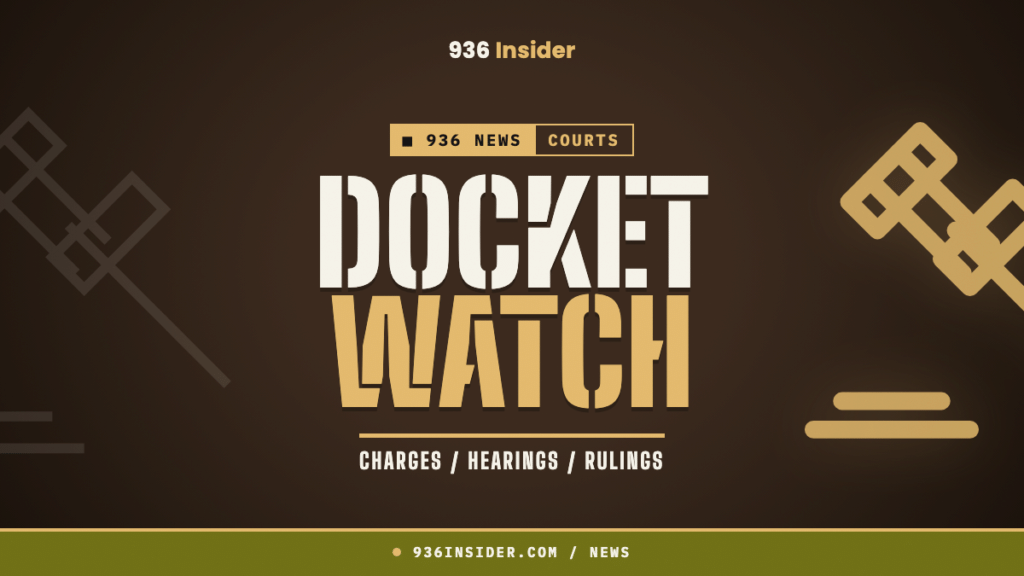 936 Insider news banner reading Docket Watch, charges hearings and rulings