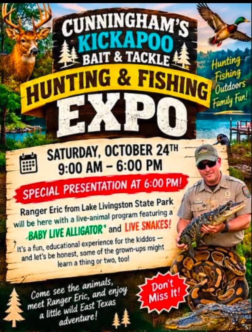 Flyer for Cunningham's Kickapoo Bait & Tackle Hunting & Fishing Expo, Saturday October 24, 9 AM to 6 PM, with Ranger Eric live-animal presentation at 6 PM