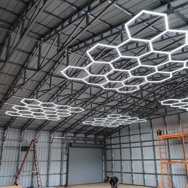 Hexagon LED shop lighting installed by Piney Woods Electric