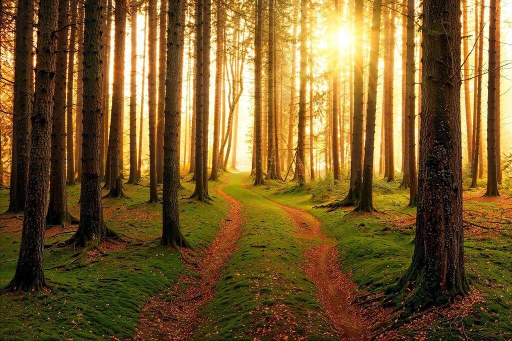 Morning sunlight shining through tall pine trees onto a forest path