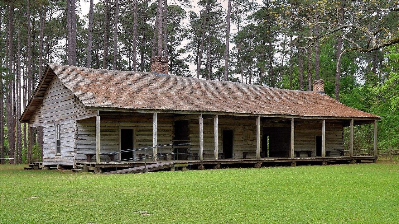 Long weathered log cabin with a wide front porch among tall pines