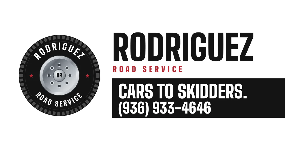 Rodriguez Road Service logo: tire badge, name, Cars to skidders, (936) 933-4646